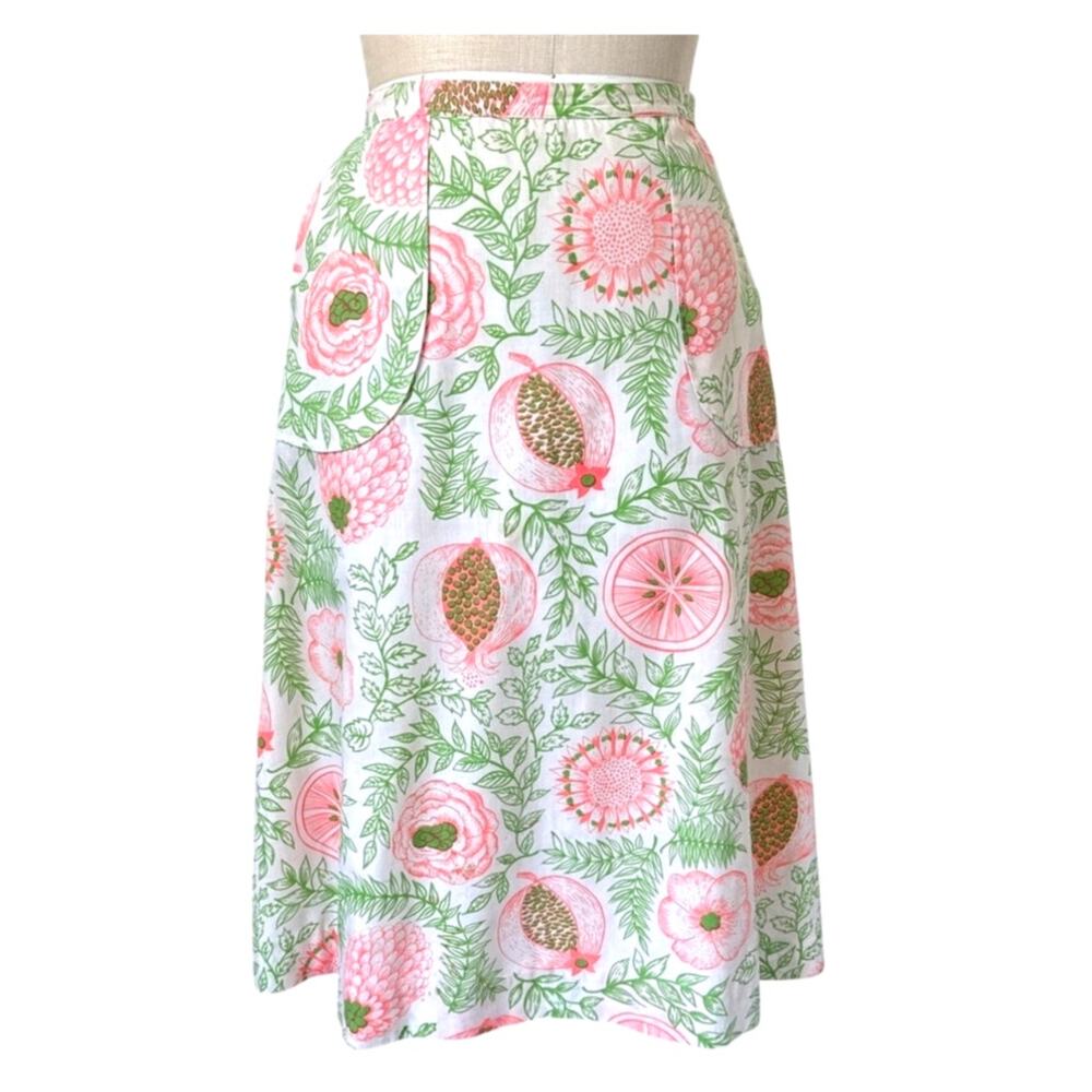 Vintage Cotton A-Line Skirt in Neon Green and Pink Fruit Print Size Medium
